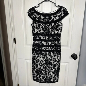 Tadashi Shoji sz. 4P black lace overlay cocktail dress, banded, evening, formal